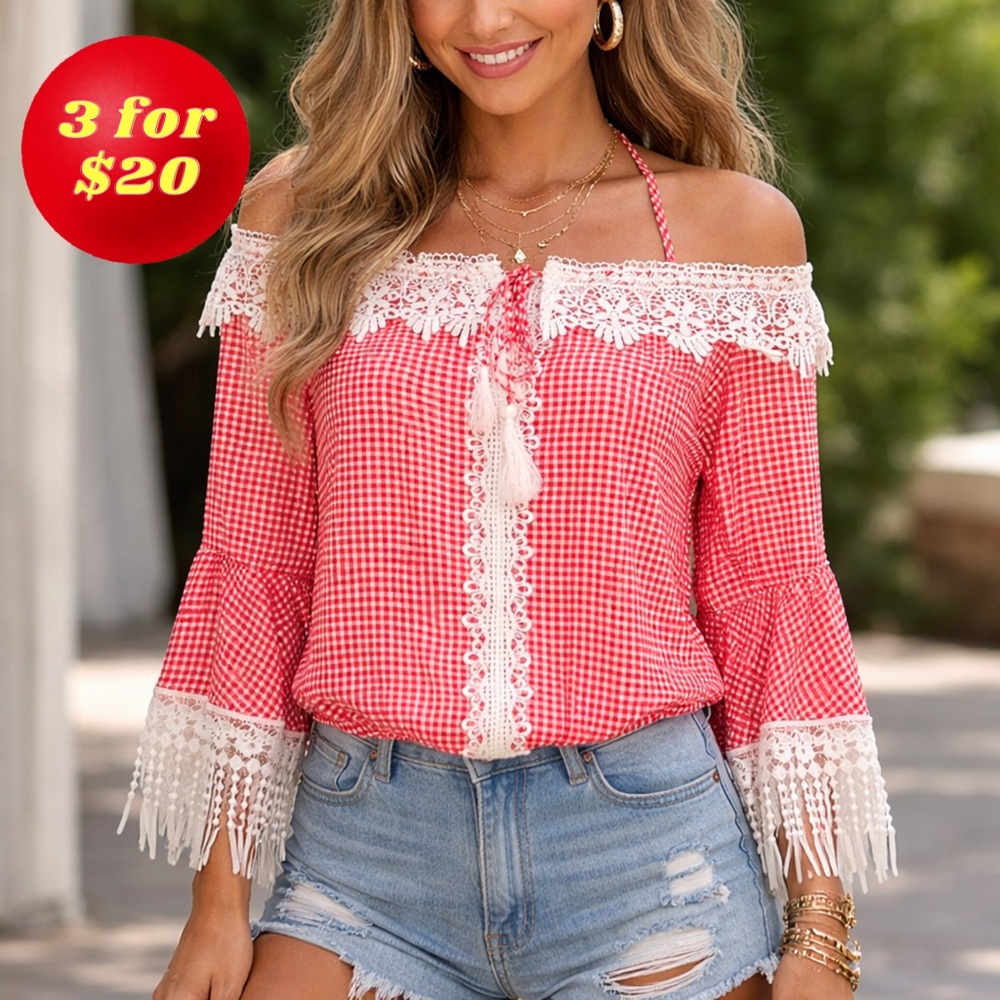 Mocha Red Gingham Cold Shoulder Top